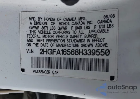 2008 Honda Civic Lx z USA, uszkodzony, nr VIN 2HGFA16568H339550